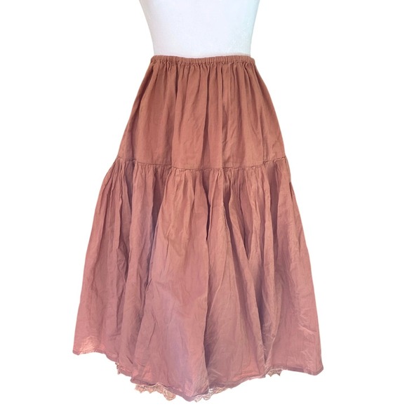 Vintage Dresses & Skirts - Vintage Y2K Lace Trim‎ Pleated A Line Brown Midi Skirt Medium Boho Western Femme
